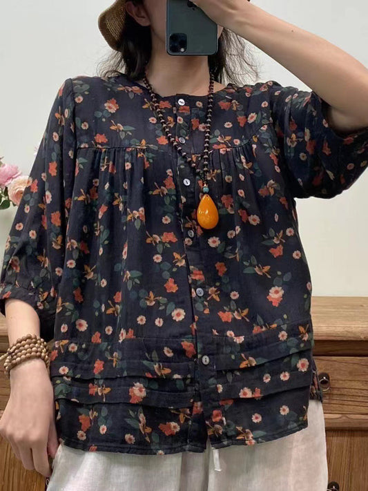 Chemise ample Vintage à boutons épissés et floraux pour femmes