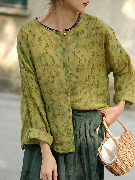 Chemise Ramie à coutures florales vintage chinoises pour femmes