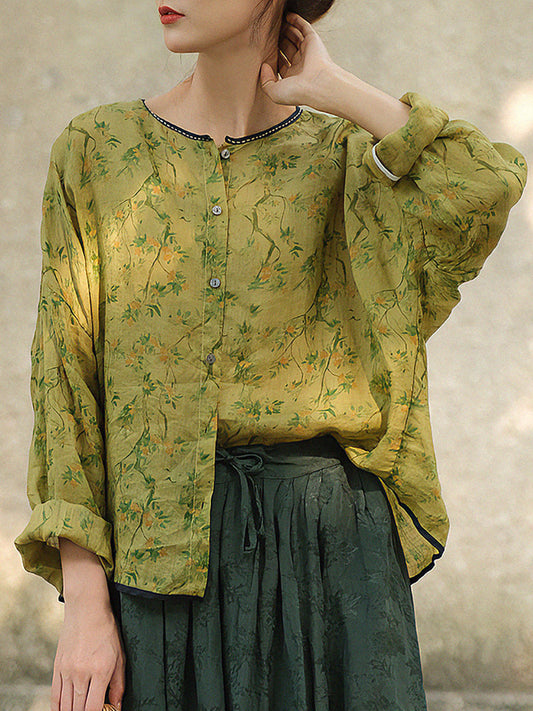 Chemise Ramie à coutures florales vintage chinoises pour femmes
