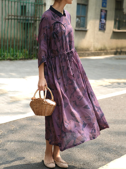 Women Chinese Style Drawstring Print Loose Dress