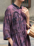 Women Chinese Style Drawstring Print Loose Dress