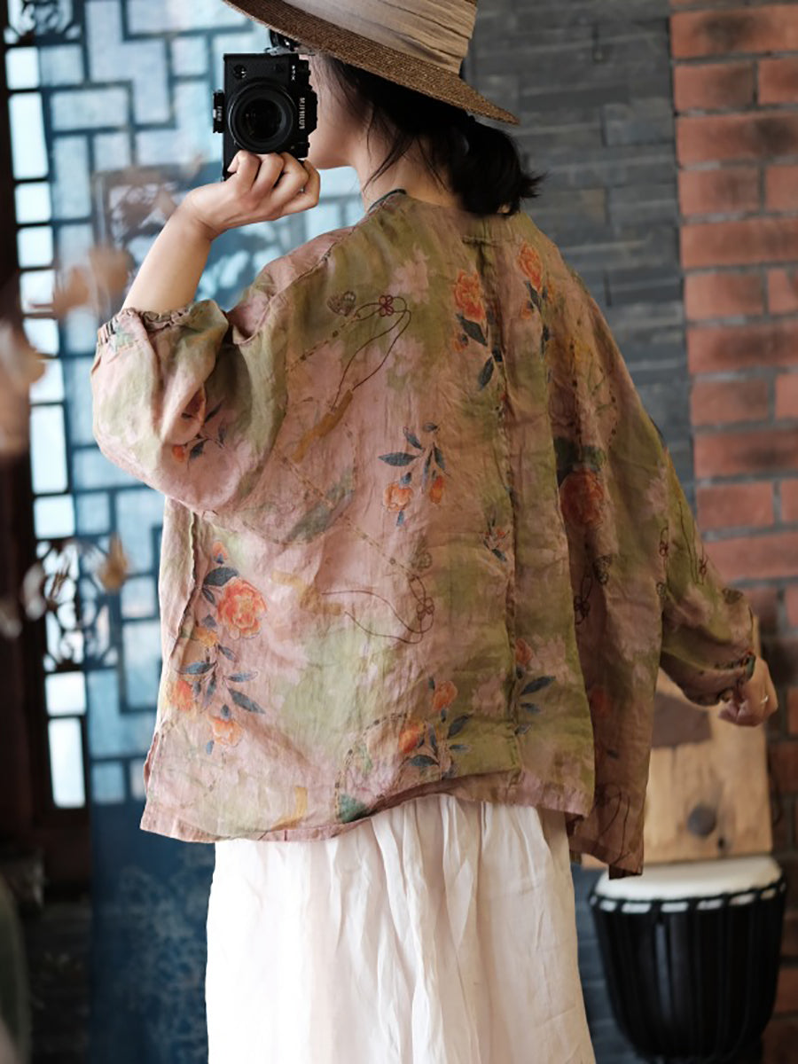 Chemise en lin ample à col en v et ourlet fendu à fleurs vintage pour femmes