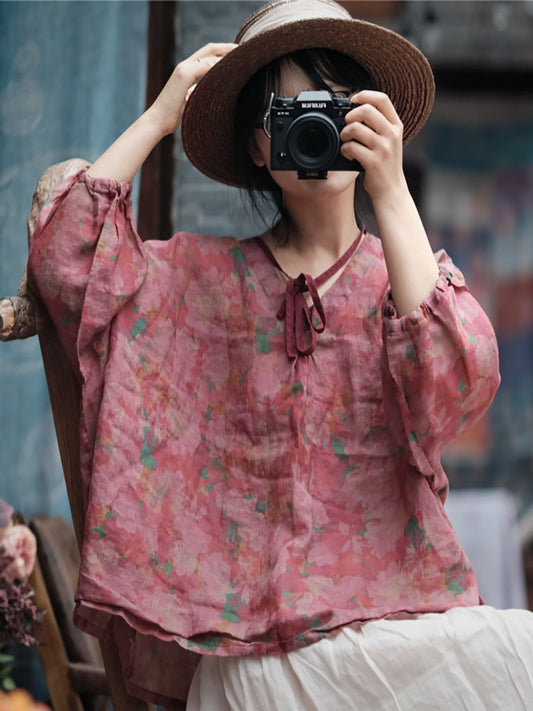 Chemise en lin ample à col en v et ourlet fendu à fleurs vintage pour femmes