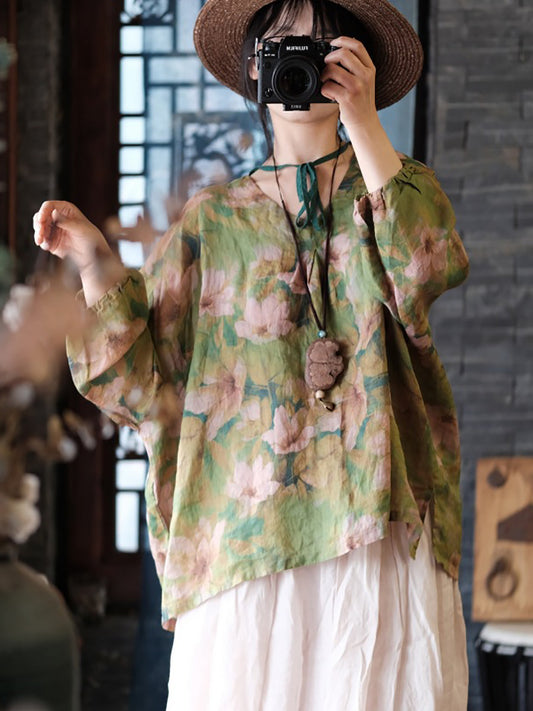 Women Vintage Flower Split Hem V-Neck Linen Shirt
