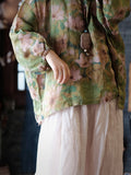 Women Vintage Flower Split Hem V-Neck Linen Shirt