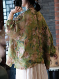 Women Vintage Flower Split Hem V-Neck Linen Shirt