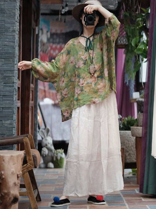 Women Vintage Flower Split Hem V-Neck Linen Shirt