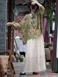 Women Vintage Flower Split Hem V-Neck Linen Shirt