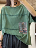 Women SummerRetro Spliced Patch Hemming Shirt