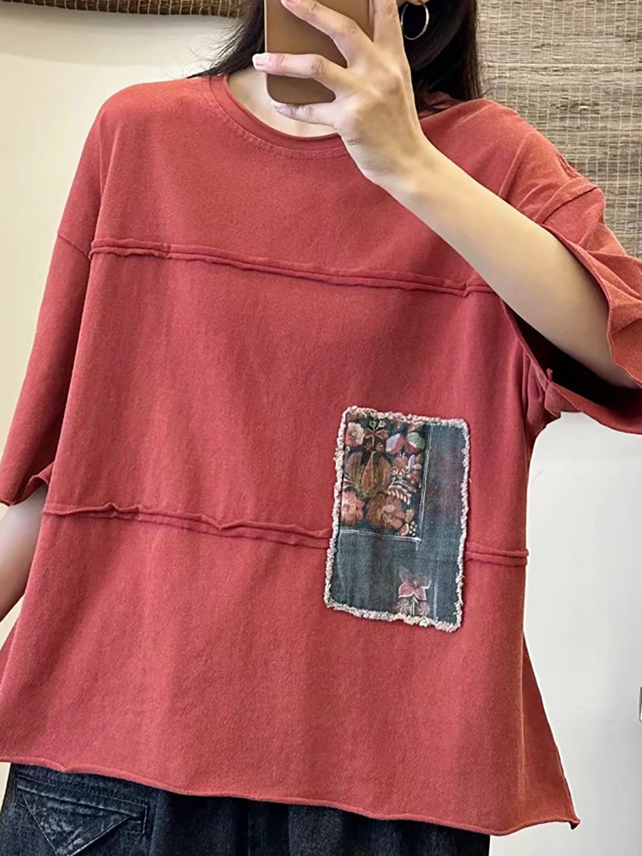 Women SummerRetro Spliced Patch Hemming Shirt