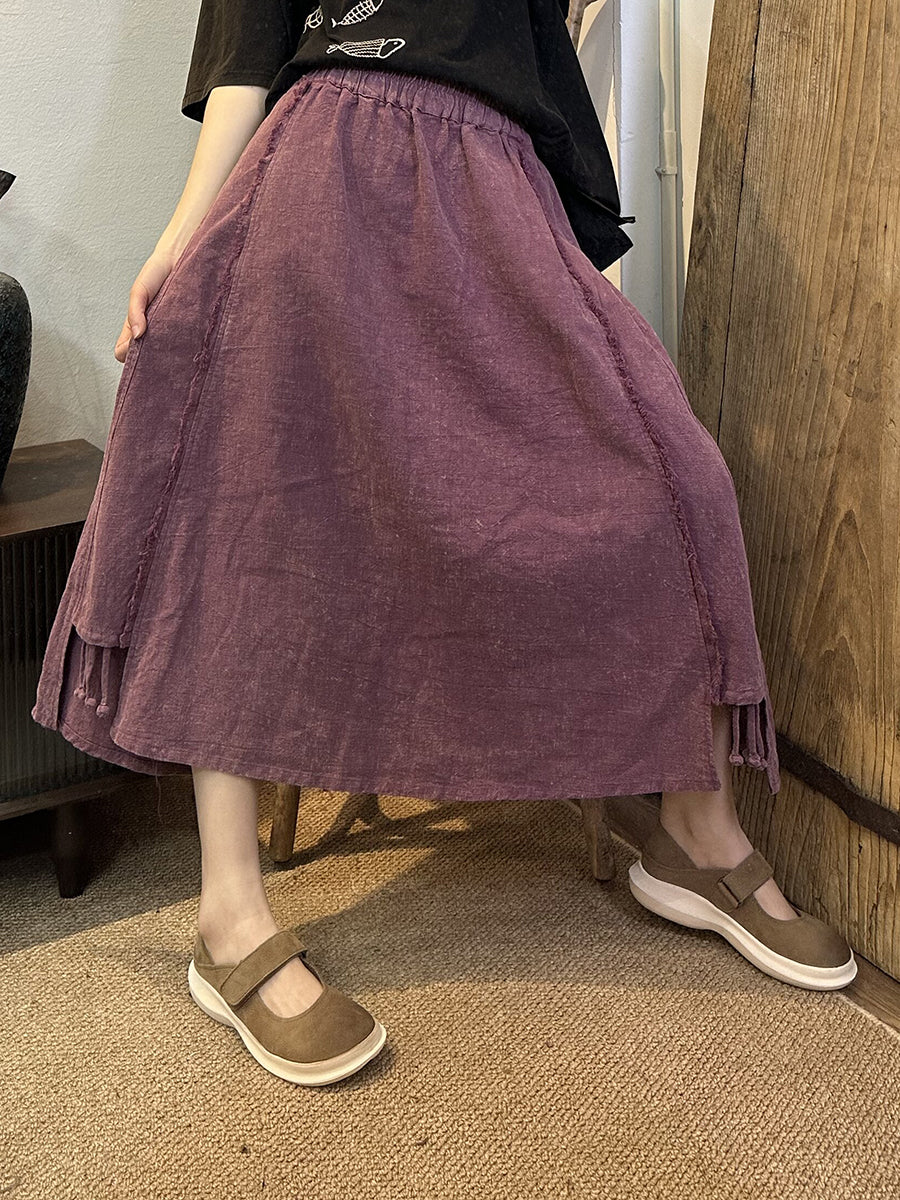 Women Vintage Worn Stitching Tassel Hem Solid Skirt