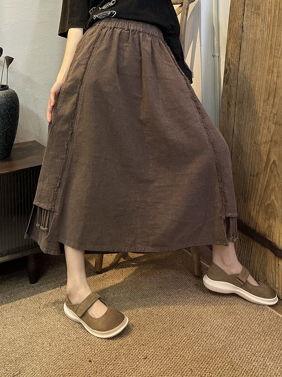 Women Vintage Worn Stitching Tassel Hem Solid Skirt