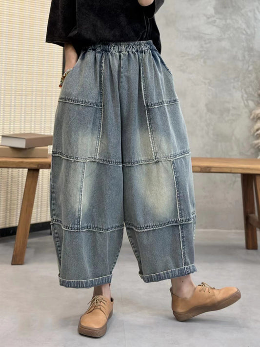 Pantalon en denim ample avec poche et coutures délavées pour femmes