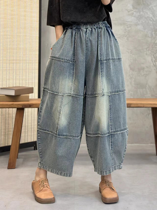 Pantalon en denim ample avec poche et coutures délavées pour femmes