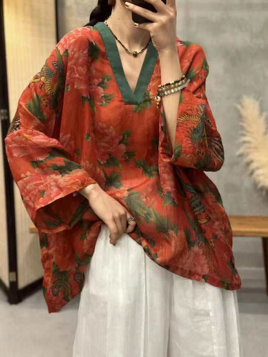 Chemise Ramie ample à col en v et imprimé floral vintage pour femme