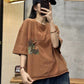 Women Retro Patch Spliced Frog Solid Pullover Cotton Shirt