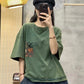 Women Retro Patch Spliced Frog Solid Pullover Cotton Shirt