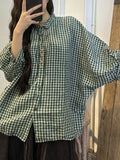 Women Casual Plaid Button Batwing Sleeve Loose Linen Shirt