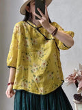 Women Ethnic Summer Frog Flower Print Pullover Shirt