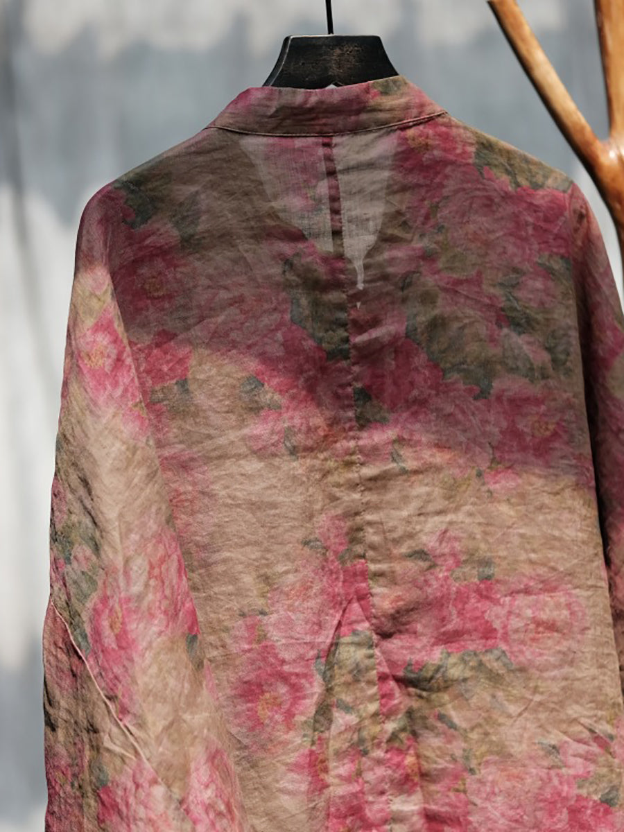 Manteau de chemise en lin pour femmes, Vintage, fleur, tie-dye, grenouille