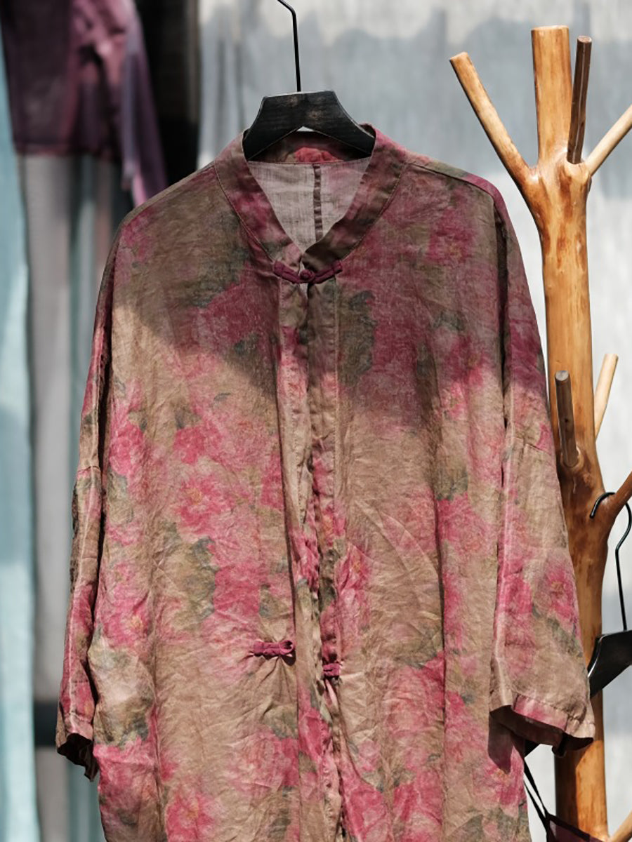 Women Vintage Flower Tie-dye Frog Linen Shirt Coat