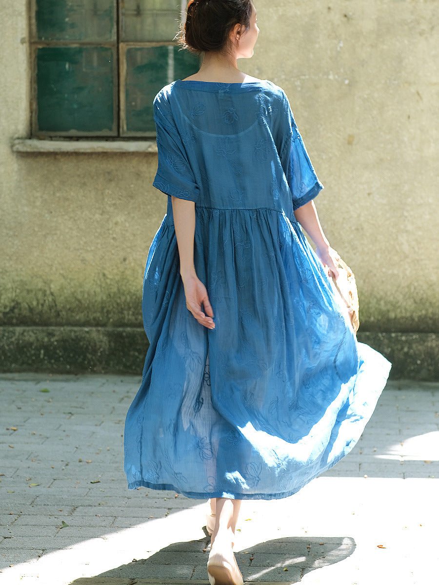 Women Elegant Summer Solid Pleat Embroidery Loose Dress