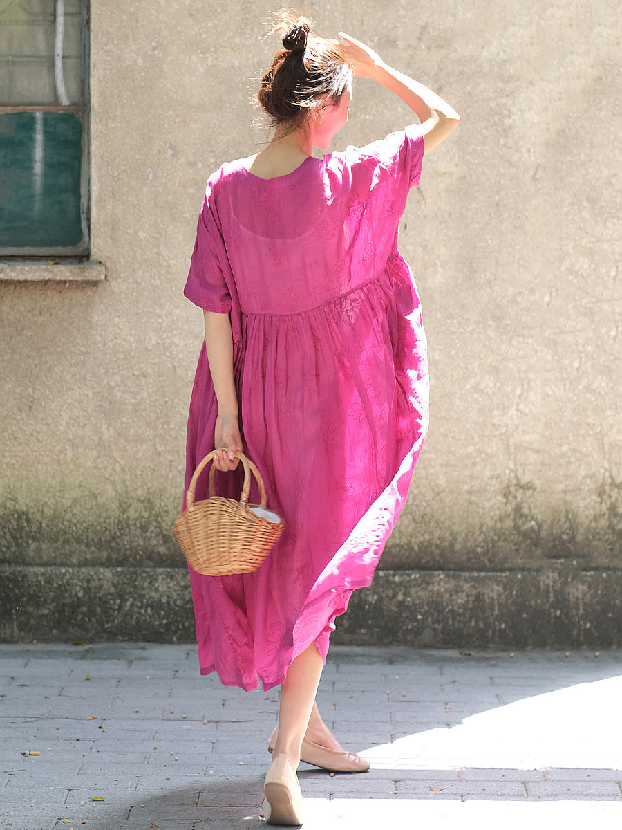 Women Elegant Summer Solid Pleat Embroidery Loose Dress