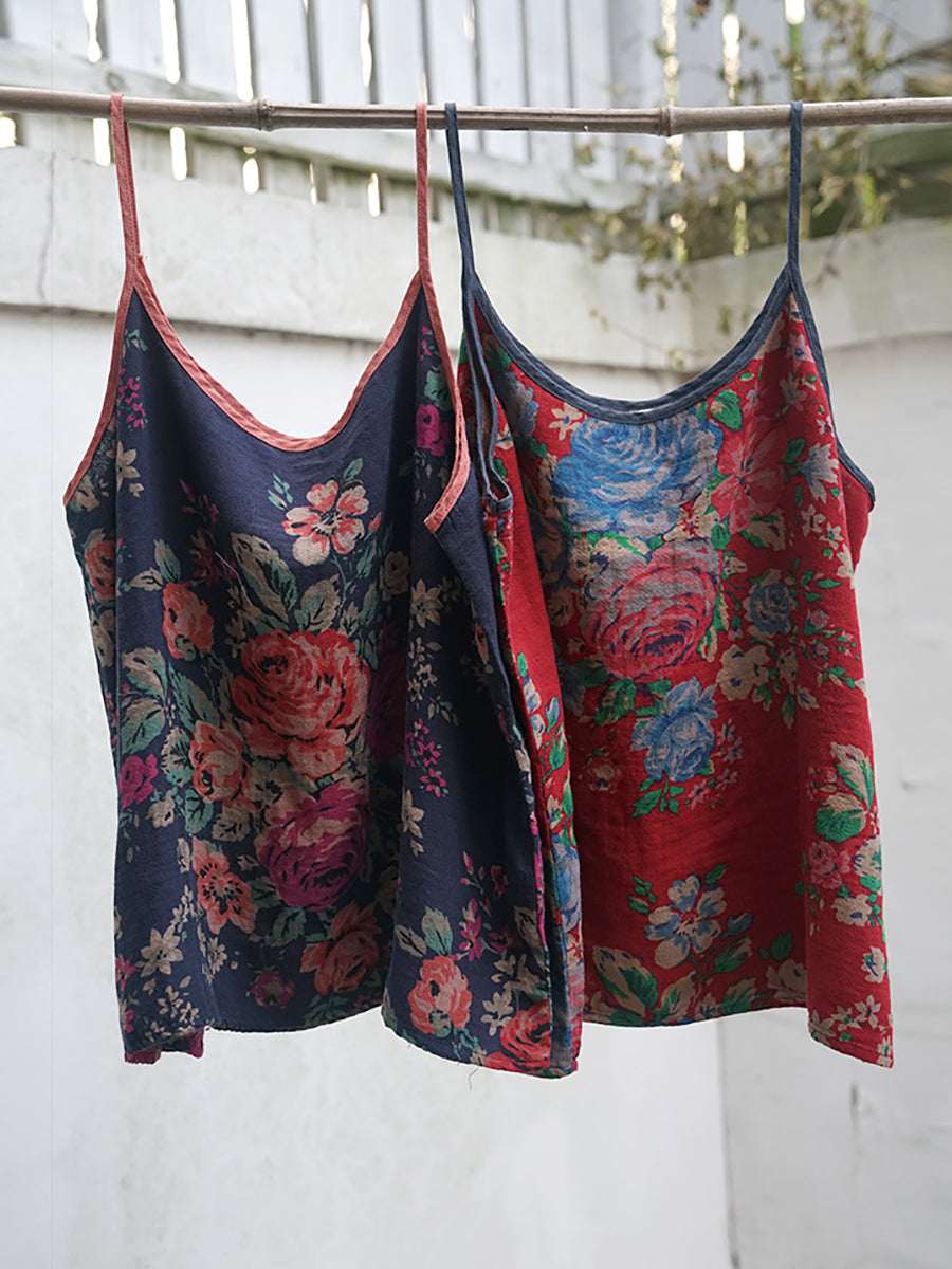 Plus Size Women Ethnic Flower Print Colorblock Summer Cotton Vest