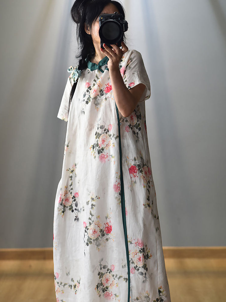 Women National Flower Print Frog Spliced Cheongsam Dress