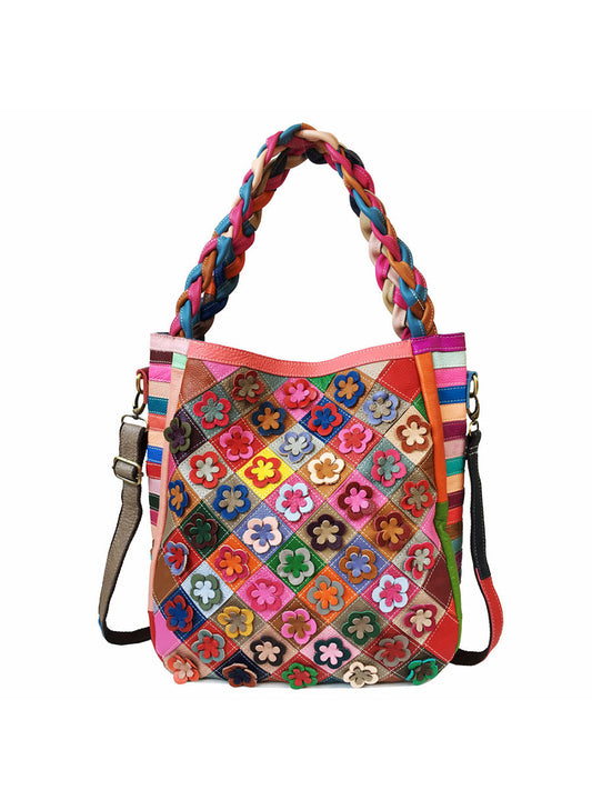 Vintage Leather Flower Multicolor Knitted Strap Shoulder Bag
