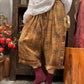 Women Ethnic Flower Loose Pocket Calf-Length Ramie Pants