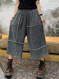 Women Summer Retro Irregular Spliced Stripe Pocket Pants