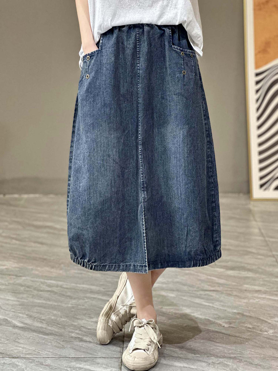 Women Summer Casual Solid Pocket Split Hem Denim Skirt