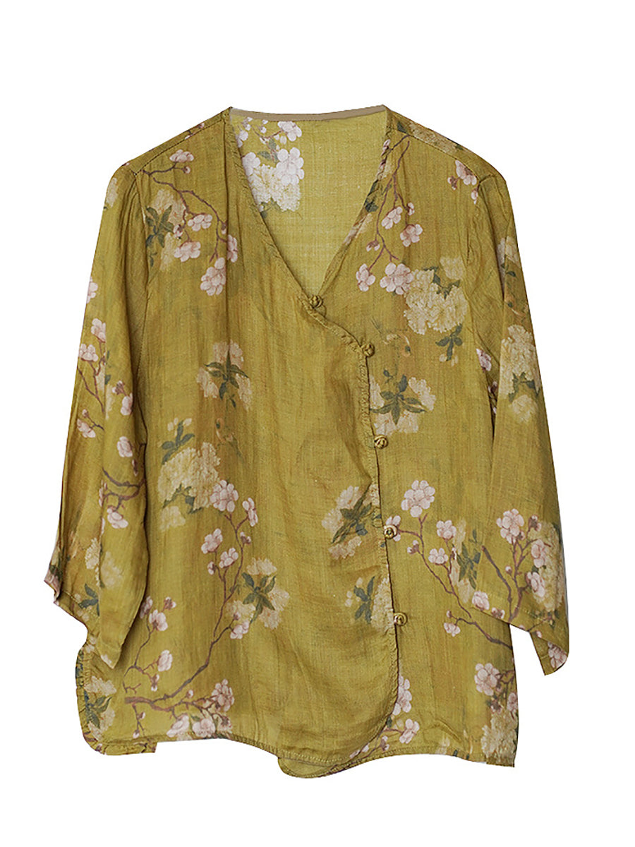 Women Summer Vintage Flower Button V-Neck Ramie Shirt