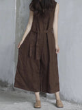 Women Summer Casual Solid Pocket Loose Linen Vest Jumpsuits