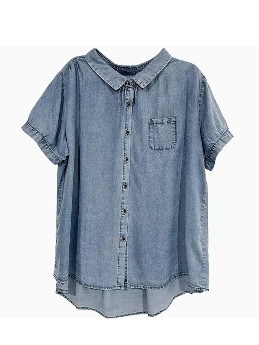 Women Summer Solid Button Pocket Denim Shirt