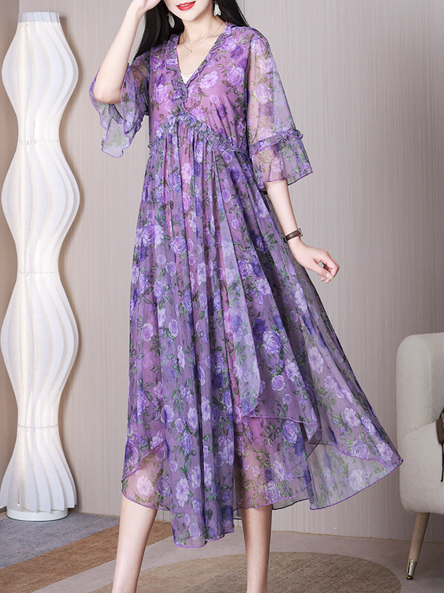 Women Summer Elegant Floral Draped Lacework Spliced Dress