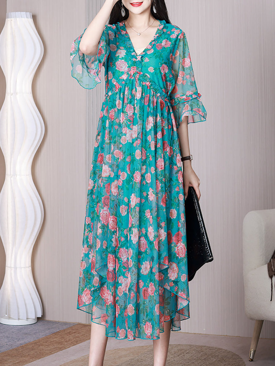 Women Summer Elegant Floral Draped Lacework Spliced Dress