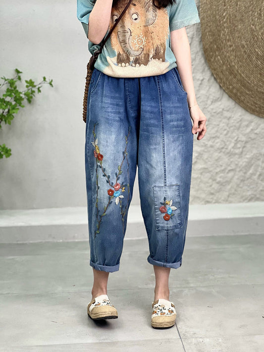 Women Summer Vintage Flower Embroidery Denim Pants