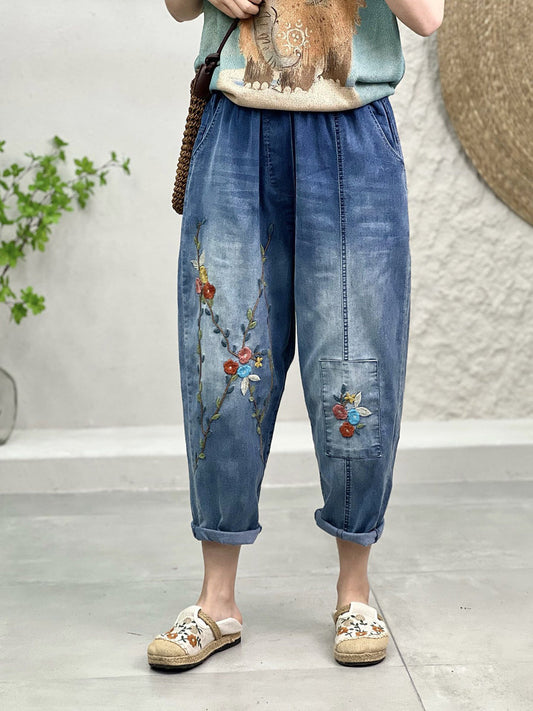 Pantalon en denim brodé de fleurs vintage pour femmes