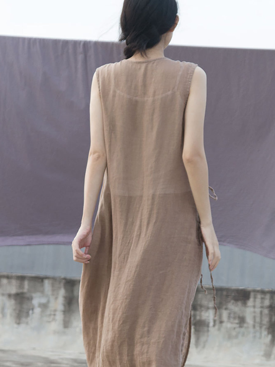 Women Summer Ethnic Drawstring Slant Closure Linen Vest Dress