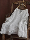 Women Vintage Summer Solid V-Neck Loose Ramie Shirt