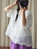 Women Vintage Summer Solid V-Neck Loose Ramie Shirt