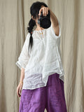 Women Vintage Summer Solid V-Neck Loose Ramie Shirt