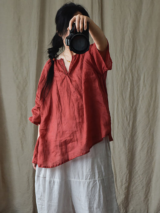 Women Vintage Summer Solid V-Neck Loose Ramie Shirt