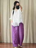Women Vintage Summer Solid V-Neck Loose Ramie Shirt