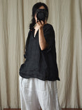 Women Vintage Summer Solid V-Neck Loose Ramie Shirt