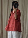 Women Vintage Summer Solid V-Neck Loose Ramie Shirt