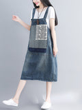 Women Retro Worn Patch Spliced Pocket Denim Suspender Dress