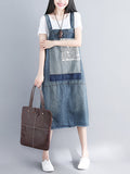 Women Retro Worn Patch Spliced Pocket Denim Suspender Dress